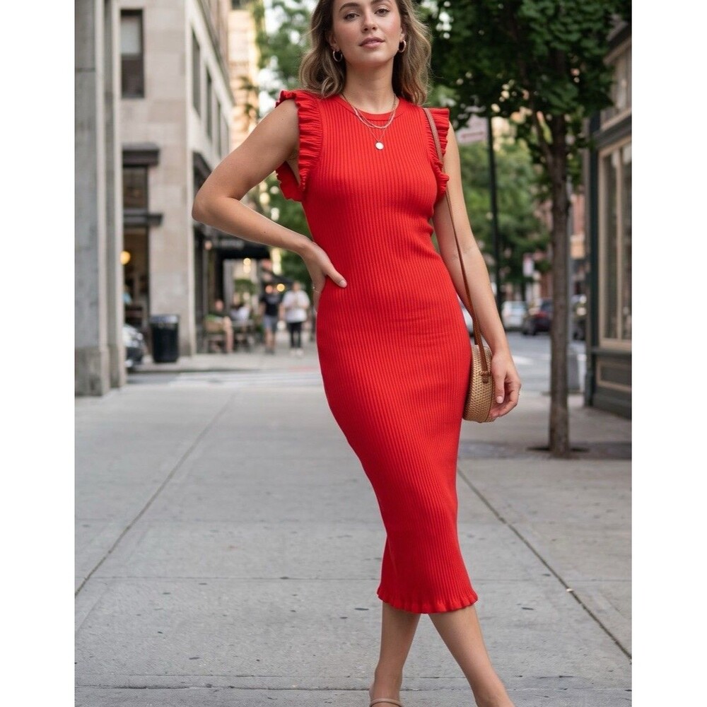 ZARA Ribbed Knit Ruffle Cap Sleeve Sheath Bodycon Midi Dress - Red XS Date night